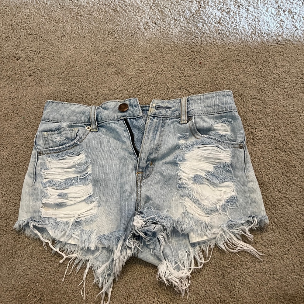 American Eagle Outfitters distressed, high-rise light blue Jean shorts
